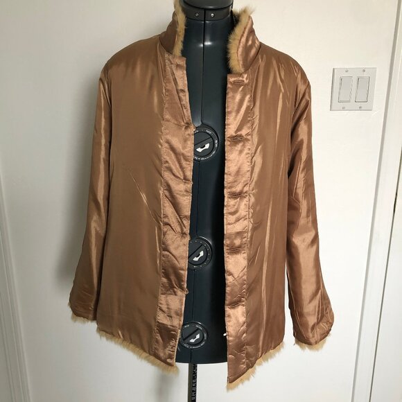 Light Copper Color Satiny Jacket with Embroidered Flowers and faux fur trim - Picture 12 of 14